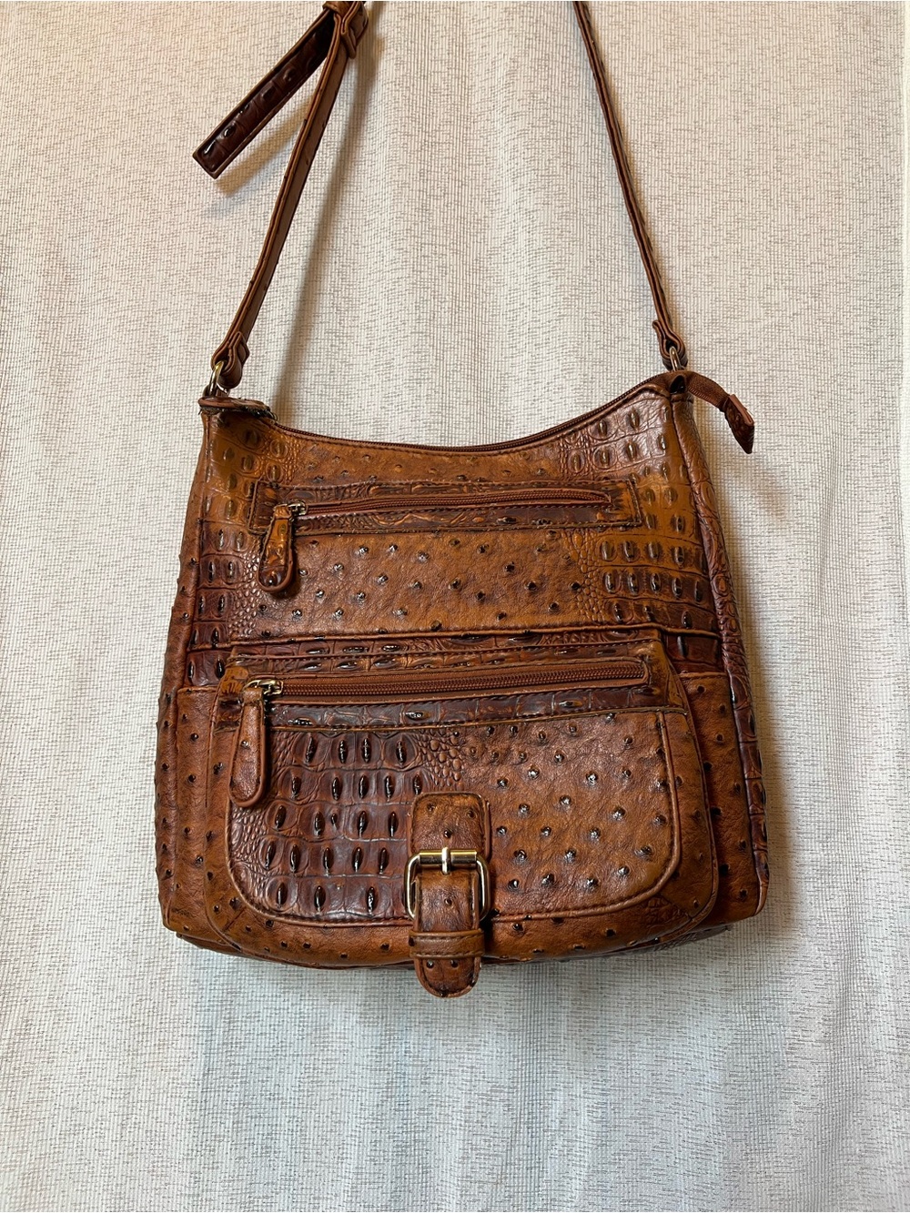 Brown Faux-Ostrich Textured Crossbody Shoulder Bag